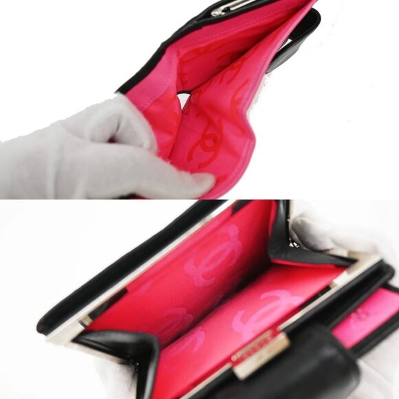 CHANEL CC Logo Cambon Bifold Wallet Leather Black Pink France 30KP049 - Picture 10 of 12